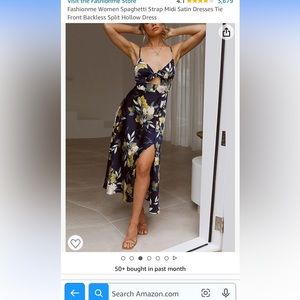 Spaghetti Strap Midi Satin Dresses Tie Front Backless Split Hollow Dress